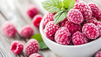 Poster - Fresh ripe raspberries with vibrant color and lush green mint leaves on a rustic wooden background : Generative AI