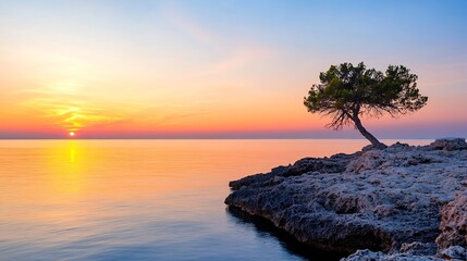 Aufkleber - Tranquil sunset landscape with a lone tree on rocky shore reflecting in calm water : Generative AI