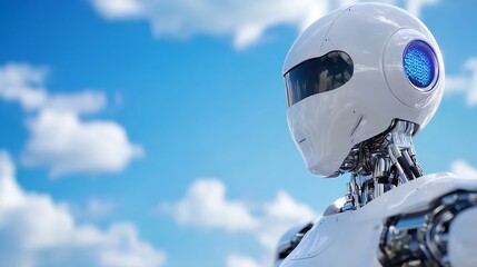 Leinwandbilder - Futuristic humanoid robot with shiny surface standing under blue sky with clouds in the background : Generative AI