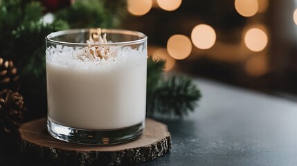 Poster - Elegant Scented Candle on a Wooden Table Surrounded by Christmas Decorations and Warm Lights : Generative AI