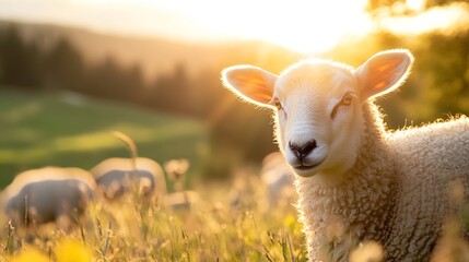 Poster - Adorable Baby Sheep in a Sunlit Meadow with Green Grass during Golden Hour : Generative AI