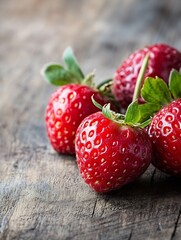 Poster - Fresh ripe strawberries glisten on rustic wooden surface creating a vibrant and appetizing display : Generative AI