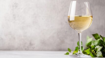 Elegant glass of white wine placed next to fresh green leaves on a smooth countertop with a minimalistic background : Generative AI