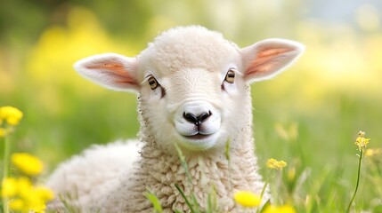 Poster - Adorable lamb smiling in a field of flowers showcasing a cheerful expression in a bright and lively outdoor setting : Generative AI