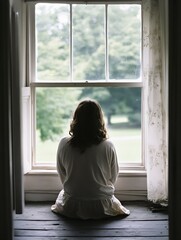 Poster - Woman Sitting in Contemplation by the Window Surrounded by Nature's Calmness : Generative AI