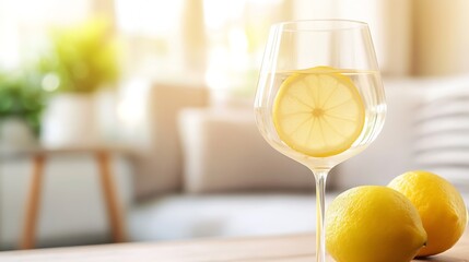 Poster - Fresh Lemon Slices in a Glass of Water with Ripe Lemons on a Wooden Table in a Cozy Setting : Generative AI