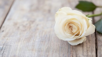 Poster - Elegant closeup of a white rose resting gently on rustic wood symbolizing purity and beauty amidst natural textures : Generative AI