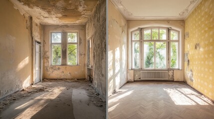 Aufkleber - Transformation of a neglected apartment space into a bright and modern living area showcasing stunning renovations. Generative AI
