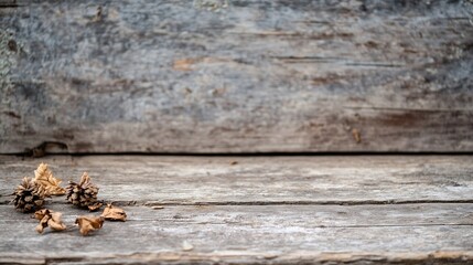 Aufkleber - Natural pine cones and dried leaves scattered on weathered rustic wood creating a cozy ambiance : Generative AI