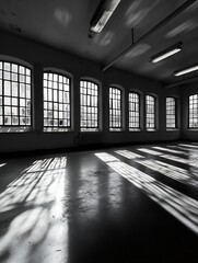 Leinwandbilder - Artistic black and white photograph of an empty industrial space with light and shadows casting through large windows : Generative AI