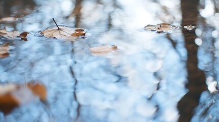 Fototapete - Calm water surface reflecting autumn leaves creating a beautiful abstract nature pattern : Generative AI