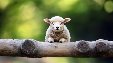 Poster - Cute fluffy lamb resting on a wooden log surrounded by beautiful greenery and natural light : Generative AI
