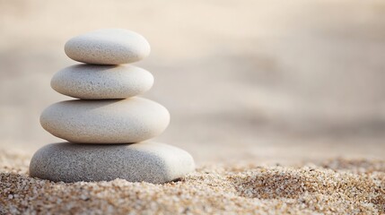 Aufkleber - Balanced stones elegantly stacked on a sandy surface representing tranquility and natural beauty in a serene environment : Generative AI