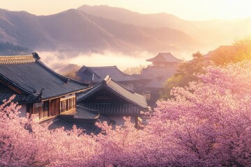 Poster - Cherry blossoms bloom over a tranquil Japanese village at sunrise near majestic mountains. Generative AI
