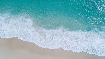 Wall Mural - Aerial view of gentle ocean waves meeting soft sandy beach under bright sunlight : Generative AI