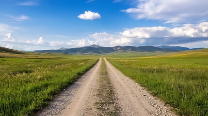 Aufkleber - Wide dirt road stretching through lush green meadows under a bright blue sky featuring majestic mountains : Generative AI