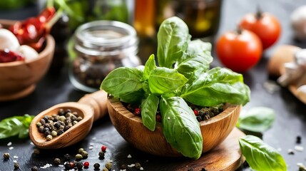 Poster - Fresh basil herb in a wooden bowl with vibrant colors and spices on a rustic kitchen table : Generative AI