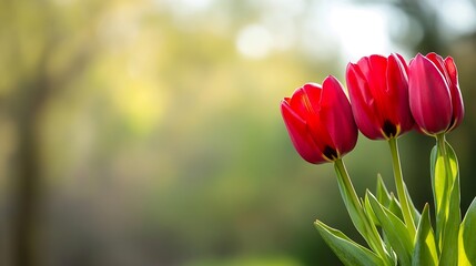 Poster - Beautiful CloseUp of Vibrant Red Tulips Growing in a Lush Green Environment Under Soft Natural Lighting : Generative AI