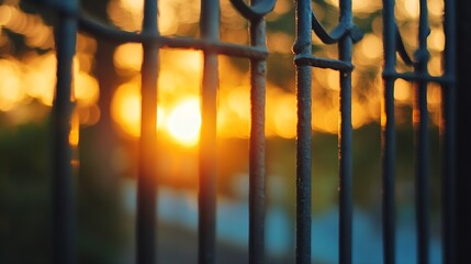 Leinwandbilder - Soft Focus of a Sunset Through an Elegant Iron Fence Creating a Dreamy Ambience : Generative AI