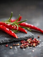 Poster - Vibrant Red Chili Peppers and Peppercorns on Black Slate Background for Culinary Delight : Generative AI