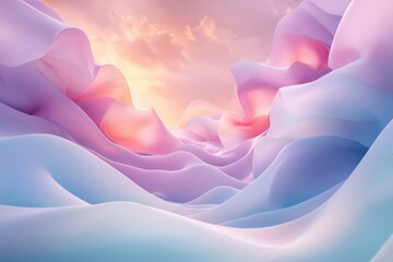 Poster - Abstract waves of pastel fabric cascade under a gentle sunset sky, creating a soft, dreamlike landscape with hues of pink, purple, and blue, reminiscent of silk ribbons flowing seamlessly.