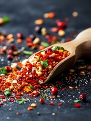 Poster - Colorful Assortment of Dried Spices and Herbs on Dark Surface in Wooden Spoon Arrangement : Generative AI