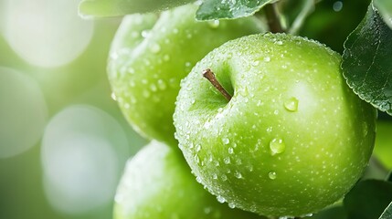 Aufkleber - Fresh green apples with droplets of water on them representing health and natural beauty in a vibrant garden : Generative AI