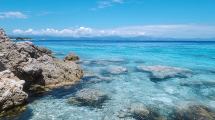 Wall Mural - Stunning tropical seascape with clear blue water rocky shoreline and distant mountains under a bright sky : Generative AI