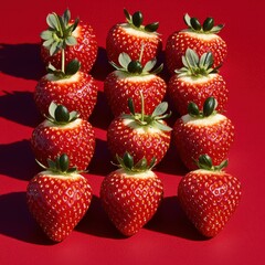 Wall Mural - Freshly picked strawberries arranged neatly on a vibrant red surface, showcasing their juicy texture and vibrant color with lush green stems.