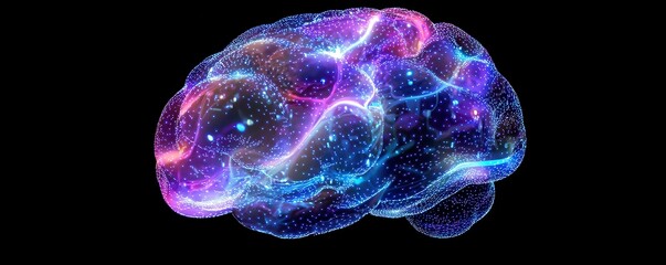 Poster - Vibrant digital brain with neural network and glowing particles on black background
