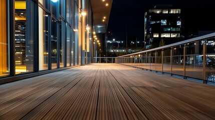 Leinwandbilder - Modern Nighttime View of a Sleek Wooden Deck with City Buildings Reflected in Glass Windows : Generative AI