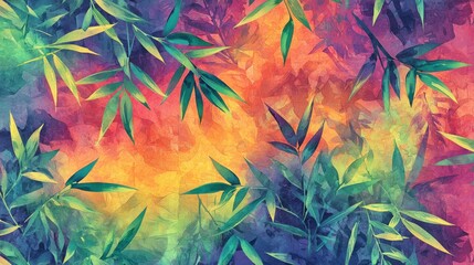 Poster - A vibrant artwork displays bamboo leaves layered over a bright, colorful background of warm hues. The interplay of colors creates a lively and energetic composition