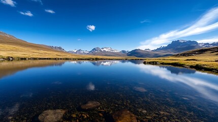 Poster - Stunning mountain lake with clear reflections and expansive blue sky above : Generative AI