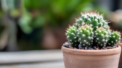 Wall Mural - Close up of a vibrant green cactus plant with spiky texture sitting in a rustic pot under natural light : Generative AI