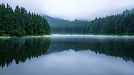 Aufkleber - Tranquil forest lake reflecting lush greenery and misty mountains in a serene environment : Generative AI
