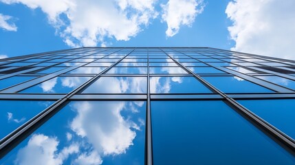 Wall Mural - Unique perspective shot of a tall building reflecting beautiful blue sky and fluffy clouds : Generative AI