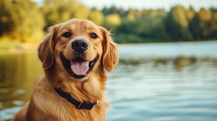 Poster - Happy and Playful Golden Retriever Dog Sitting by the Calm Lake in a Lush Green Landscape : Generative AI