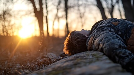 Poster - Young boy resting on a rock while gazing at a beautiful sunset in a serene natural environment : Generative AI
