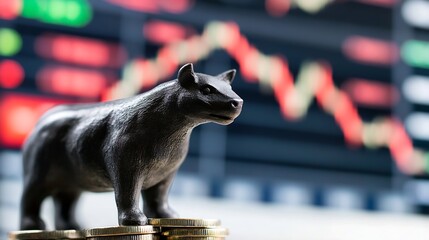 Fototapete - A close up view of a bull market indicator featuring a bear figurine on stacks of coins : Generative AI