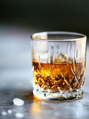 Aufkleber - A close up of a vintage glass whiskey tumbler filled with amber spirit showcasing unique crystal pattern : Generative AI