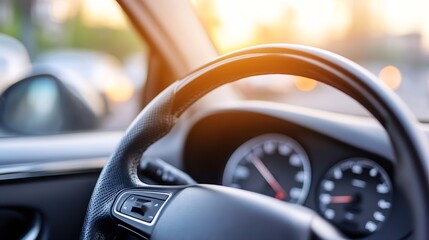 Wall Mural - Closeup shot of a car steering wheel with dashboard and sunlight : Generative AI