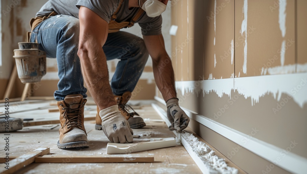 Construction Worker Installing Baseboard During Home Renovation Stock ...