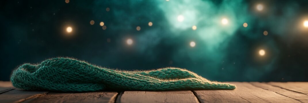 a green knitted hat laying on a wooden floor with a green background