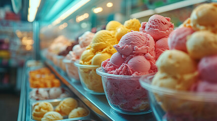 Wall Mural - Clear glass display case showcasing a variety of colorful ice cream and gelato in an Italian shop, symbolizing freshness, indulgence, and modern culinary delights