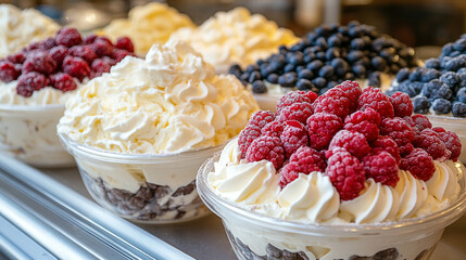 Wall Mural - Clear glass display case showcasing a variety of colorful ice cream and gelato in an Italian shop, symbolizing freshness, indulgence, and modern culinary delights