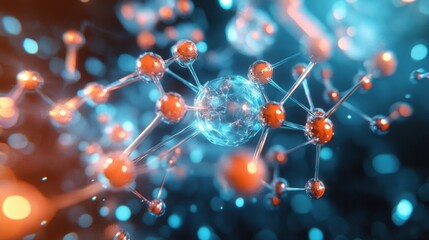 Fototapete - Visualization of gas molecules in motion showcasing glowing atomic structures and interactions in a dynamic environment. Generative AI