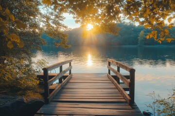 Aufkleber - Beautiful sunset over a tranquil lake seen from a wooden dock surrounded by lush trees. Generative AI