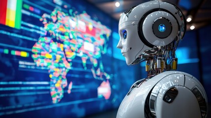 Poster - A futuristic robotic figure with a sleek design faces a vibrant digital map filled with colorful graphs and world statistics, highlighting technological advances and data analysis