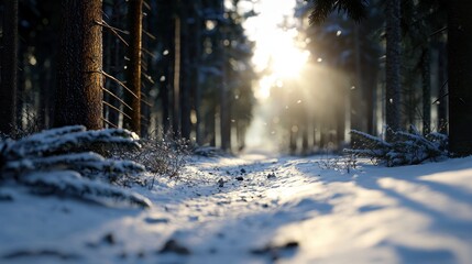 Wall Mural - a tranquil winter morning in a serene forest. sunlight beams through tall trees, illuminating a snow