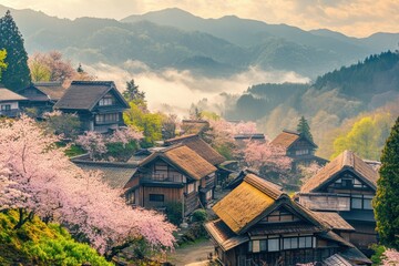 Poster - Cherry blossoms bloom in a serene Japanese village among mountains during springtime. Generative AI